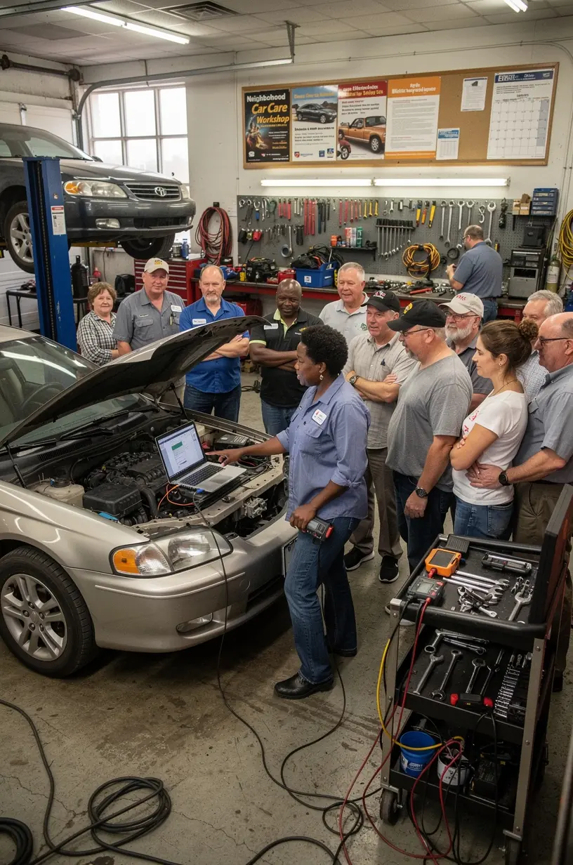 Technician using advanced diagnostic equipment to analyze vehicle onboard electrical systems in a modern auto repair workshop. Close-up of a mechanic connecting diagnostic tools to a car’s onboard computer for electrical system troubleshooting. Professional auto electrician inspecting wiring harness inside an engine bay focused on vehicle electrical repairs. Workshop environment showing multiple cars with open hoods undergoing onboard system diagnostics and electrical testing. Expert technician explaining diagnostic results to a customer using a tablet with vehicle data displayed. Detailed view of a digital multimeter measuring voltage in automotive electrical components during repair services. Auto electrical repair specialist updating vehicle software via laptop connected to onboard diagnostic port. Mechanic performing comprehensive electrical system inspection on a car to identify and resolve onboard system issues.