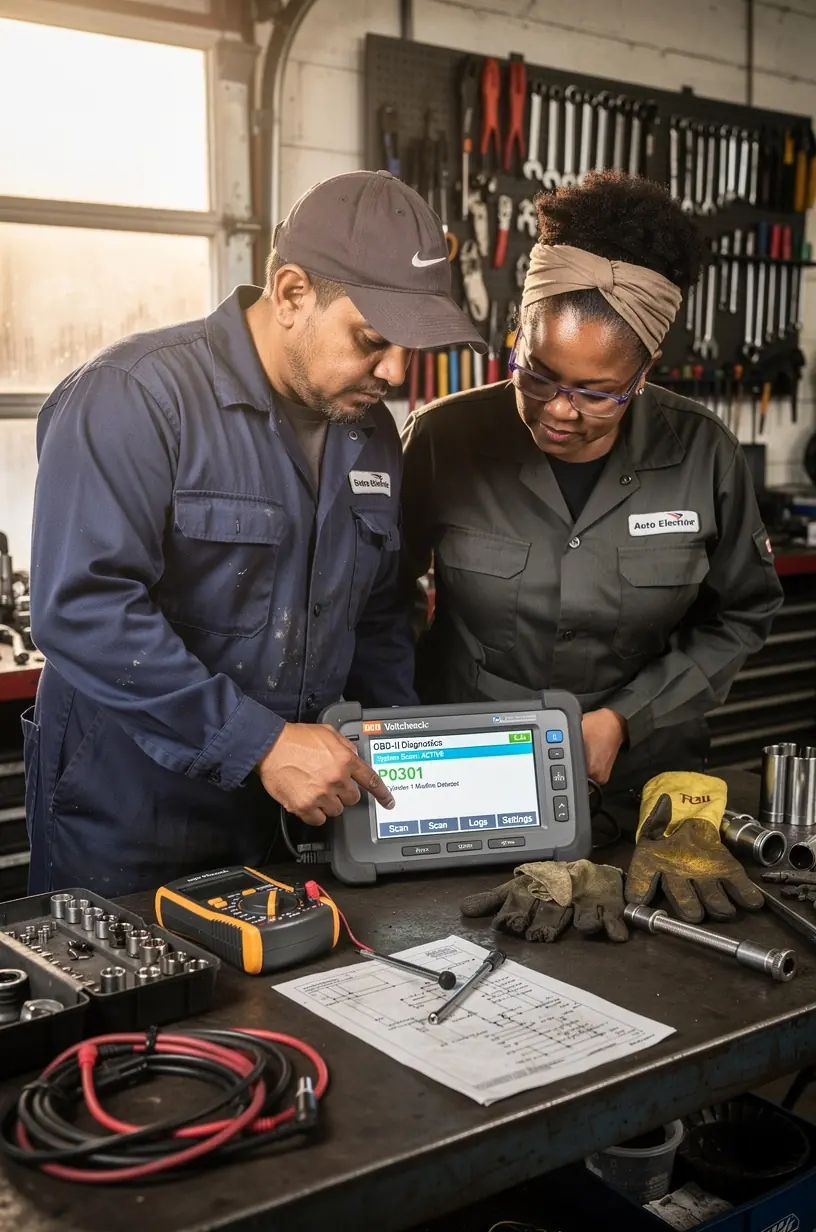 Technician using advanced diagnostic equipment to analyze vehicle onboard electrical systems in a modern auto repair workshop. Close-up of a mechanic connecting diagnostic tools to a car’s onboard computer for electrical system troubleshooting. Professional auto electrician inspecting wiring harness inside an engine bay focused on vehicle electrical repairs. Workshop environment showing multiple cars with open hoods undergoing onboard system diagnostics and electrical testing. Expert technician explaining diagnostic results to a customer using a tablet with vehicle data displayed. Detailed view of a digital multimeter measuring voltage in automotive electrical components during repair services. Auto electrical repair specialist updating vehicle software via laptop connected to onboard diagnostic port. Mechanic performing comprehensive electrical system inspection on a car to identify and resolve onboard system issues.