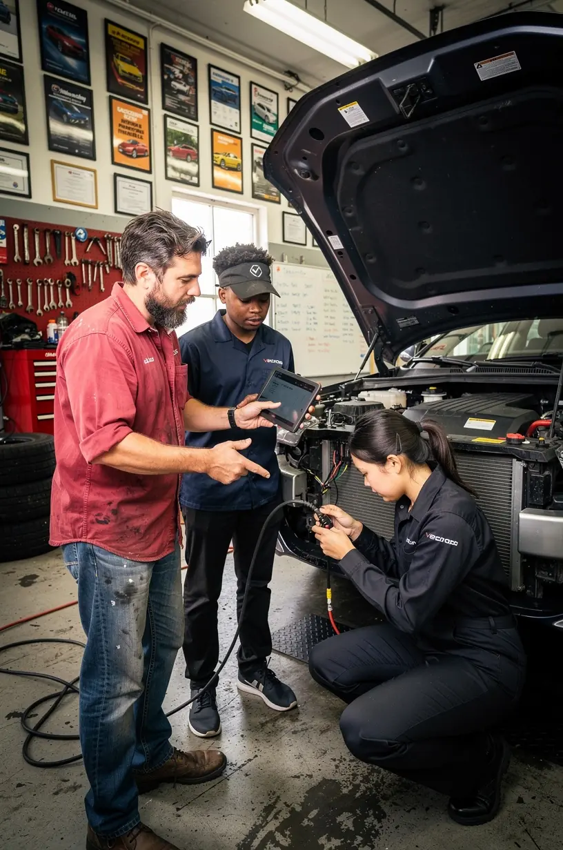 Technician using advanced diagnostic equipment to analyze vehicle onboard electrical systems in a modern auto repair workshop. Close-up of a mechanic connecting diagnostic tools to a car’s onboard computer for electrical system troubleshooting. Professional auto electrician inspecting wiring harness inside an engine bay focused on vehicle electrical repairs. Workshop environment showing multiple cars with open hoods undergoing onboard system diagnostics and electrical testing. Expert technician explaining diagnostic results to a customer using a tablet with vehicle data displayed. Detailed view of a digital multimeter measuring voltage in automotive electrical components during repair services. Auto electrical repair specialist updating vehicle software via laptop connected to onboard diagnostic port. Mechanic performing comprehensive electrical system inspection on a car to identify and resolve onboard system issues.
