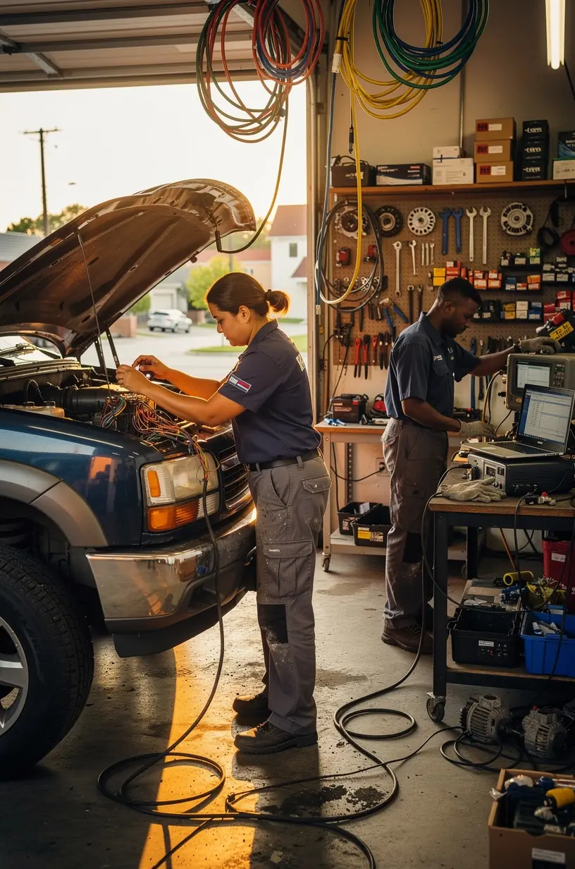 Technician using advanced diagnostic equipment to analyze vehicle onboard electrical systems in a modern auto repair workshop. Close-up of a mechanic connecting diagnostic tools to a car’s onboard computer for electrical system troubleshooting. Professional auto electrician inspecting wiring harness inside an engine bay focused on vehicle electrical repairs. Workshop environment showing multiple cars with open hoods undergoing onboard system diagnostics and electrical testing. Expert technician explaining diagnostic results to a customer using a tablet with vehicle data displayed. Detailed view of a digital multimeter measuring voltage in automotive electrical components during repair services. Auto electrical repair specialist updating vehicle software via laptop connected to onboard diagnostic port. Mechanic performing comprehensive electrical system inspection on a car to identify and resolve onboard system issues.
