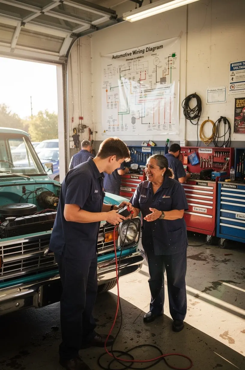 Technician using advanced diagnostic equipment to analyze vehicle onboard electrical systems in a modern auto repair workshop. Close-up of a mechanic connecting diagnostic tools to a car’s onboard computer for electrical system troubleshooting. Professional auto electrician inspecting wiring harness inside an engine bay focused on vehicle electrical repairs. Workshop environment showing multiple cars with open hoods undergoing onboard system diagnostics and electrical testing. Expert technician explaining diagnostic results to a customer using a tablet with vehicle data displayed. Detailed view of a digital multimeter measuring voltage in automotive electrical components during repair services. Auto electrical repair specialist updating vehicle software via laptop connected to onboard diagnostic port. Mechanic performing comprehensive electrical system inspection on a car to identify and resolve onboard system issues.