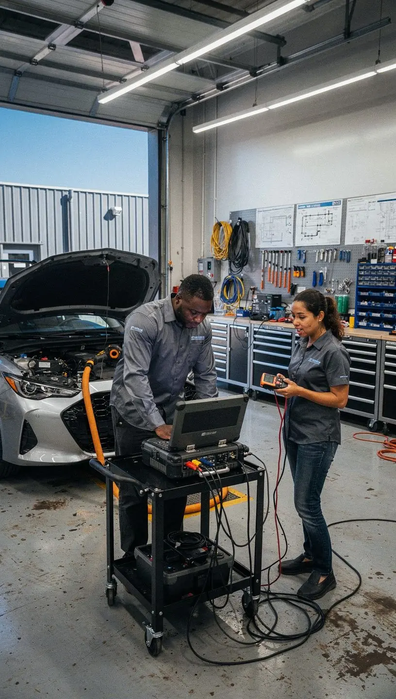 Technician using advanced diagnostic equipment to analyze vehicle onboard electrical systems in a modern auto repair workshop. Close-up of a mechanic connecting diagnostic tools to a car’s onboard computer for electrical system troubleshooting. Professional auto electrician inspecting wiring harness inside an engine bay focused on vehicle electrical repairs. Workshop environment showing multiple cars with open hoods undergoing onboard system diagnostics and electrical testing. Expert technician explaining diagnostic results to a customer using a tablet with vehicle data displayed. Detailed view of a digital multimeter measuring voltage in automotive electrical components during repair services. Auto electrical repair specialist updating vehicle software via laptop connected to onboard diagnostic port. Mechanic performing comprehensive electrical system inspection on a car to identify and resolve onboard system issues.